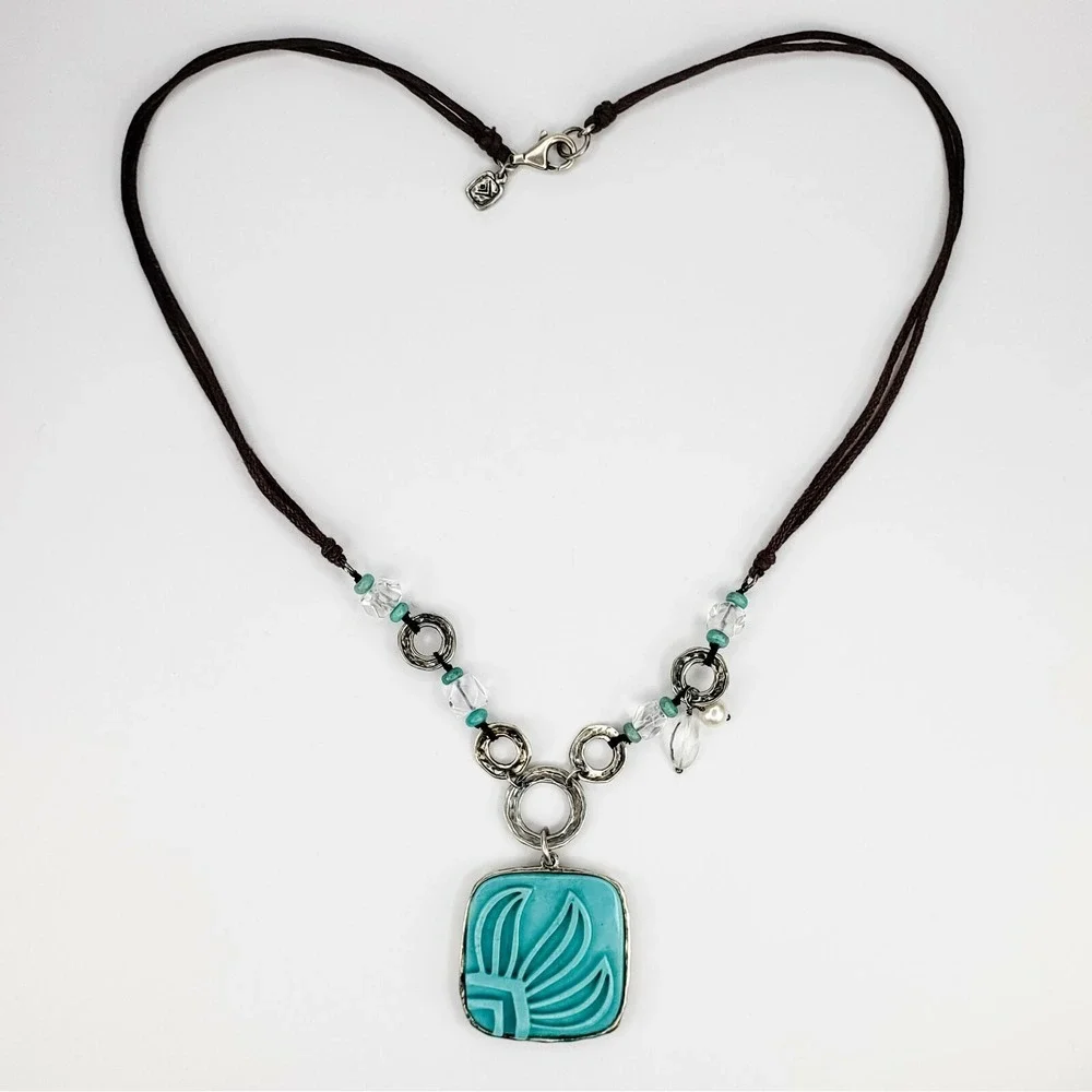 Silpada Necklace Sterling Silver 19.5in Blue Carved Turquoise Pendant Mixed Bead